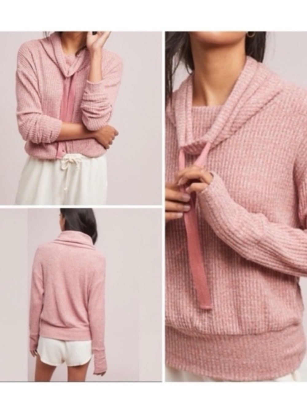 Anthropologie Whisper Pink Waffle-Knit Funnel Pullover sweater size S